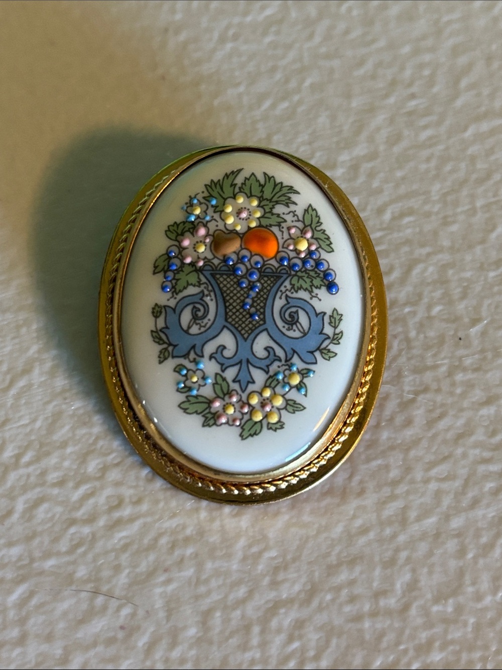 Lenox Hand Painted Gold Floral Enamel Oval Brooch - White, Blue & Orange
